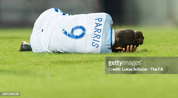 Nikita Parris of England lies on ground during the UEFA Women's Euro 2017 qualification match between Belgium and England at Stadion OHL on September...