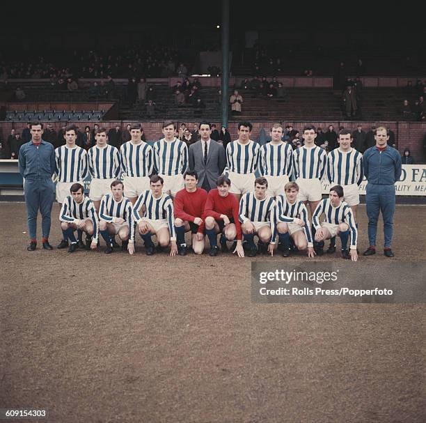 Kilmarnock FC 1968-69 team squad players pictured together on the pitch at Rugby Park stadium in Kilmarnock, Scotland in 1969. Back row from left to...