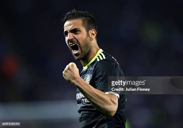 Cesc Fabregas of Chelsea celebreates after Cesar Azpilicueta of Chelsea scores his sides second goal during the EFL Cup Third Round match between...