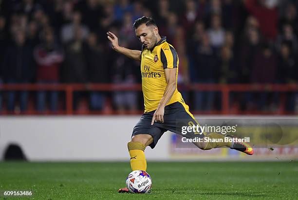 Lucas Perez of Arsenal scores his sides second goal from the penalty spot during the EFL Cup Third Round match between Nottingham Forest and Arsenal...