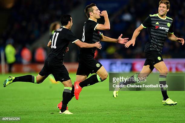 Cesar Azpilicueta of Chelsea celebrates scoring his team's second goal during the EFL Cup Third Round match between Leicester City and Chelsea at The...