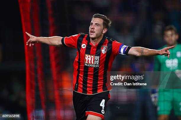 Dan Gosling of AFC Bournemouth celebrates after scoring his sides second goal during the EFL Cup Third Round match between AFC Bournemouth and...