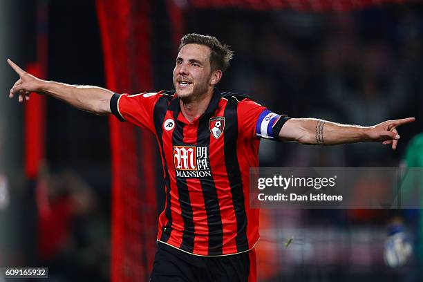 Dan Gosling of AFC Bournemouth celebrates after scoring his sides second goal during the EFL Cup Third Round match between AFC Bournemouth and...