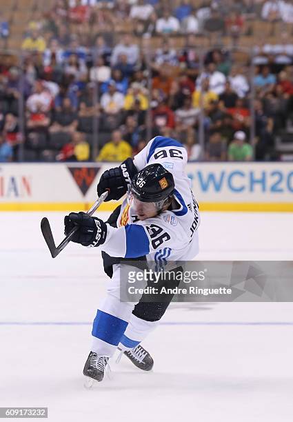 Jussi Jokinen of Team Finland fires a slapshot against Team Sweden during the World Cup of Hockey 2016 at Air Canada Centre on September 20, 2016 in...