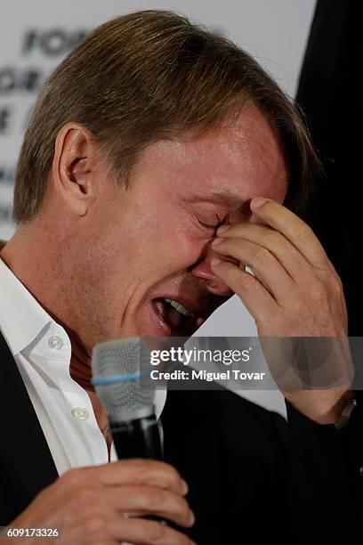 Former Mexican driver Adrian Fernandez gets emotional during a ceremony in his honour at Autodromo Hermanos Rodriguez on September 20, 2016 in Mexico...