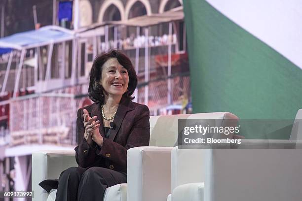 Safra Catz, co-chief executive officer of Oracle Corp., smiles during the Oracle OpenWorld 2016 conference in San Francisco, California, U.S., on...