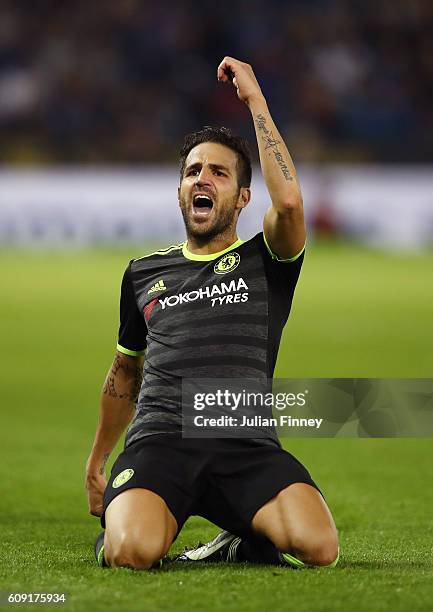 Cesc Fabregas of Chelsea celebrates scoring his sides fourth goal during the EFL Cup Third Round match between Leicester City and Chelsea at The King...