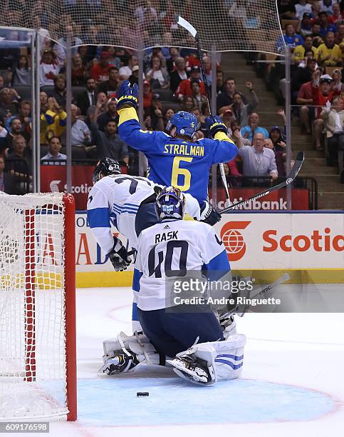 Anton Stralman of Team Sweden celebrates after scoring a second period goal on Tuukka Rask of Team Finland during the World Cup of Hockey 2016 at Air...