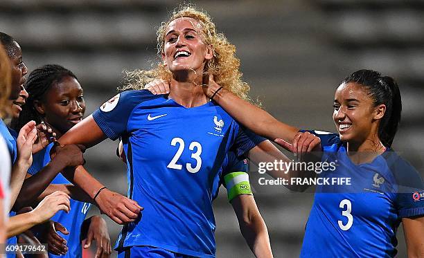 France's midfielder Kheira Hamraoui celebrates after scoring a goal during the Women Euro 2017 qualifying football match France vs Albania, at the...