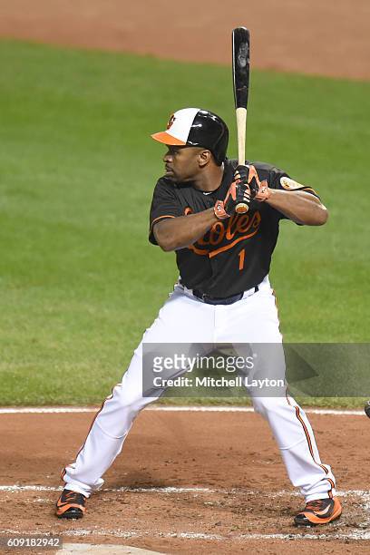 Michael Bourn of the Baltimore Orioles prepares for a pitch during a baseball game against the against the Tampa Bay Rays at Oriole Park at Camden...