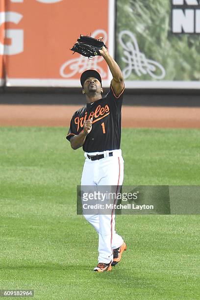Michael Bourn of the Baltimore Orioles catches a fly ball during a baseball game against the against the Tampa Bay Rays at Oriole Park at Camden...