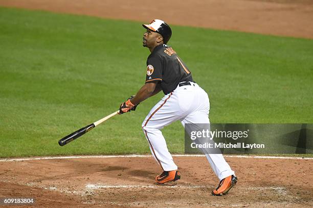 Michael Bourn of the Baltimore Orioles takes a swing during a baseball game against the against the Tampa Bay Rays at Oriole Park at Camden Yards on...