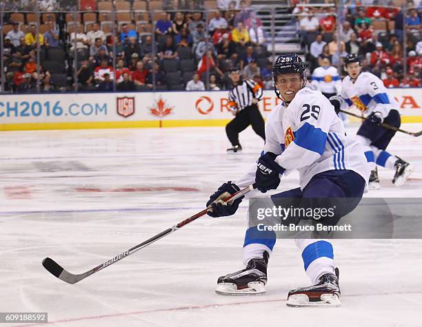 Patrik Laine of Team Finland skates against Team Sweden during the World Cup of Hockey tournament at the Air Canada Centre on September 20, 2016 in...