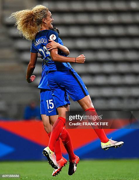 France's midfielder Kheira Hamraoui celebrates after scoring a goal during the Women Euro 2017 qualifying football match France vs Albania, at the...