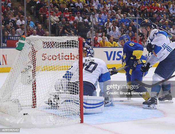 Anton Stralman of Team Sweden scores a second period goal against Tuukka Rask of Team Finland during the World Cup of Hockey tournament at the Air...