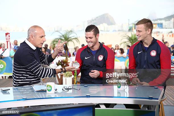 Anchor Matt Lauer with US Olympians David Boudia and Steele Johnson appear on NBC's "TODAY" show at the Rio Olympics on Monday, August 9, 2016 --