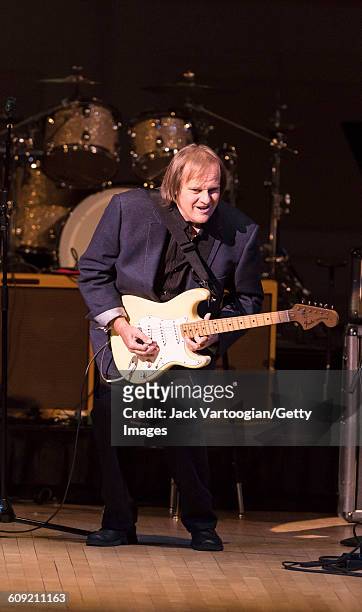 American Blues and Rock musician Walter Trout plays guitar as he performs onstage during Lead Belly Fest at Carnegie Hall, New York, New York,...