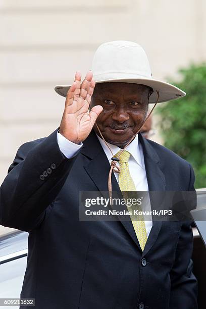 President of the Republic of Uganda, Yoweri Kaguta Museveni goes out after a meeting with French President Francois Hollande, at the Elysee Palace on...