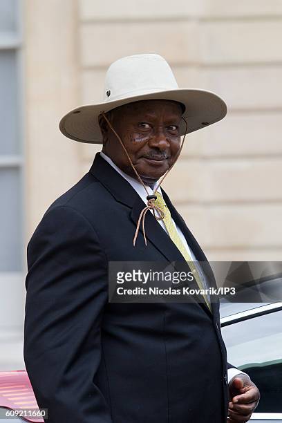 President of the Republic of Uganda, Yoweri Kaguta Museveni goes out after a meeting with French President Francois Hollande, at the Elysee Palace on...