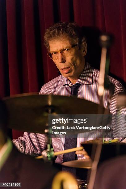 American Jazz musician John Riley plays drums as he performs with the Vanguard Jazz Orchestra at the Village Vanguard, New York, New York, February...