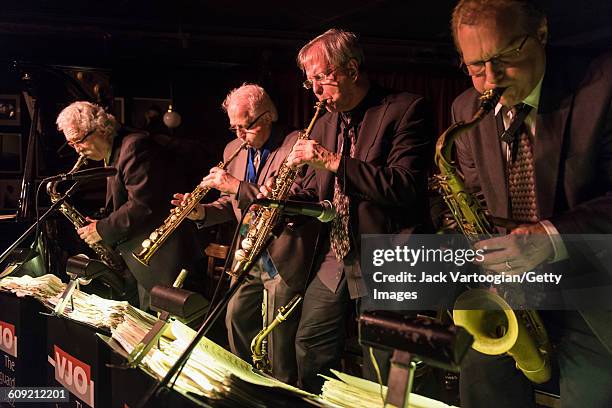 From left, American Jazz musicians Ralph Lalalama, on tenor saxophone, Billy Drewes, on soprano saxophone, Dick Oatts, on soprano saxophone, and Rich...