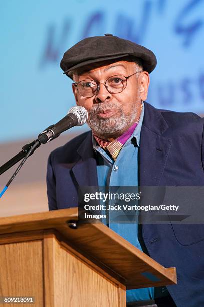 American poet and social activist Amiri Baraka speaks during a Rally for Justice for Jazz Artists at Greenwich Village's Judson Memorial Church, New...