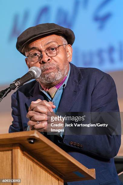 American poet and social activist Amiri Baraka speaks during a Rally for Justice for Jazz Artists at Greenwich Village's Judson Memorial Church, New...