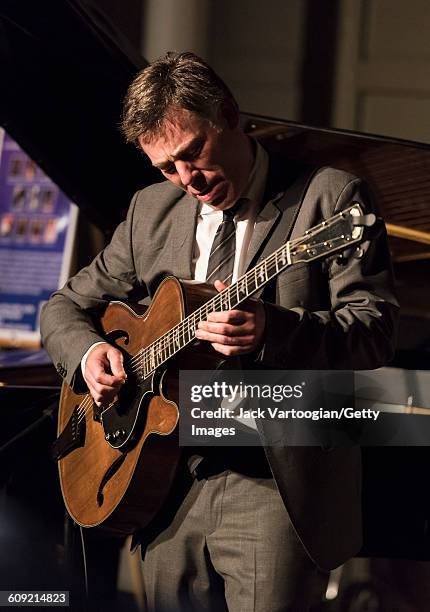 American Jazz musician Peter Bernstein plays guitar as he performs during the 'Jazz Legends for Disability Pride' benefit concert at the Quaker...