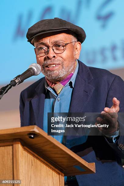 American poet and social activist Amiri Baraka speaks during a Rally for Justice for Jazz Artists at Greenwich Village's Judson Memorial Church, New...