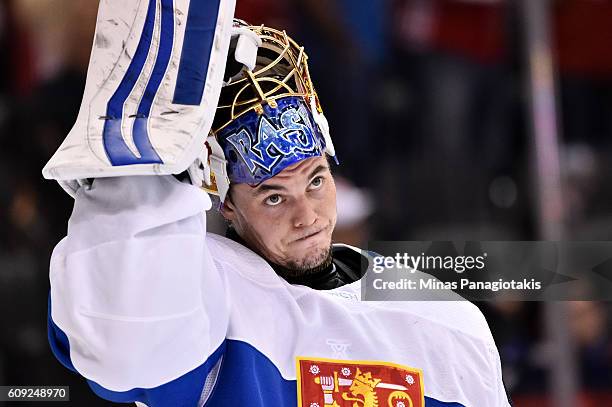 Tuukka Rask of Team Finland looks on after a 2-0 loss to Team Sweden during the World Cup of Hockey 2016 at Air Canada Centre on September 20, 2016...