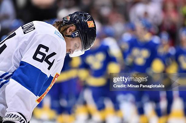 Mikael Granlund of Team Finland after a 2-0 loss to Team Sweden during the World Cup of Hockey 2016 at Air Canada Centre on September 20, 2016 in...