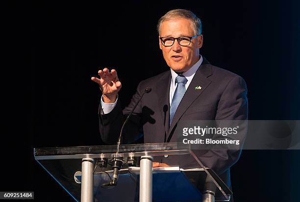 Jay Inslee, governor of Washington, speaks during the Emerging Cascadia Innovation Corridor Conference in Vancouver, British Columbia, Canada, on...