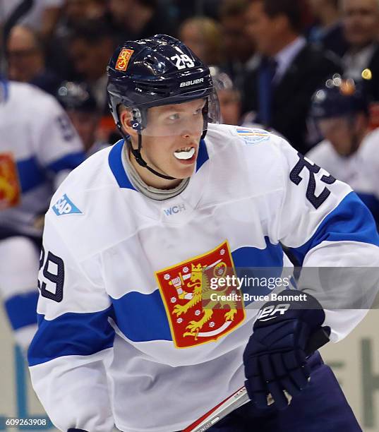 Patrik Laine of Team Finland skates against Team Sweden during the World Cup of Hockey tournament at the Air Canada Centre on September 20, 2016 in...