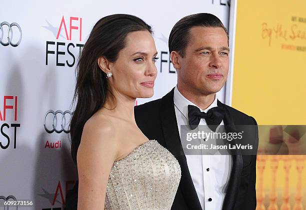 Angelina Jolie and Brad Pitt attend the premiere of "By the Sea" at the 2015 AFI Fest at TCL Chinese 6 Theatres on November 5, 2015 in Hollywood,...