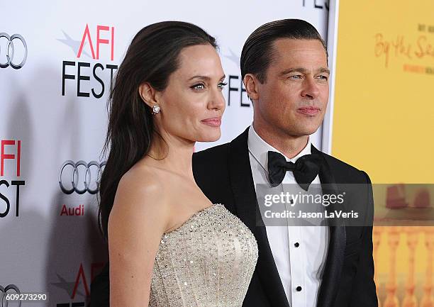 Angelina Jolie and Brad Pitt attend the premiere of "By the Sea" at the 2015 AFI Fest at TCL Chinese 6 Theatres on November 5, 2015 in Hollywood,...