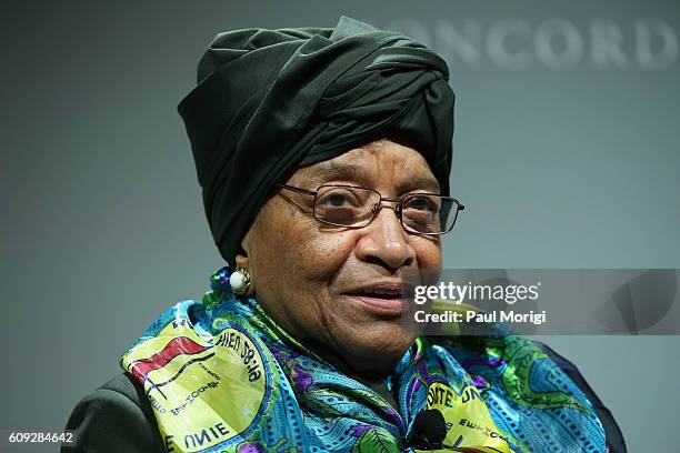 President of Liberia, Ellen Johnson Sirleaf speaks at the 2016 Concordia Summit - Day 2 at Grand Hyatt New York on September 20, 2016 in New York...