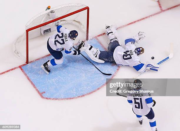 Tuukka Rask of Team Finland makes a save while playing Team Sweden during the World Cup of Hockey at the Air Canada Center on September 20, 2016 in...
