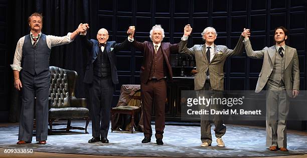 Owen Teale, Patrick Stewart, Sean Mathias , Ian McKellen and Damien Moloney bow at the curtain call during the press night performance of "No Man's...