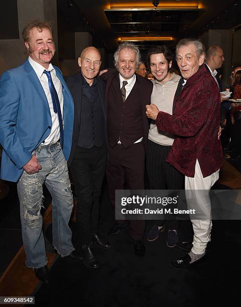 Owen Teale, Patrick Stewart, Sean Mathias, Damien Moloney and Ian McKellen attend the press night after party for "No Man's Land" at St Martins Lane...