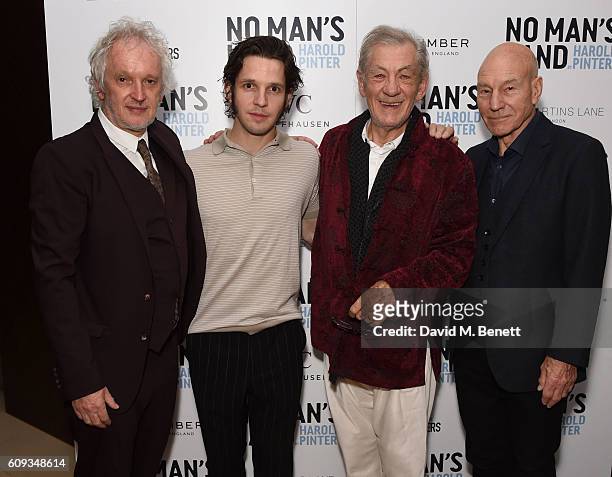 Sean Mathias, Damien Moloney, Ian McKellen and Patrick Stewart attend the press night after party for "No Man's Land" at St Martins Lane on September...