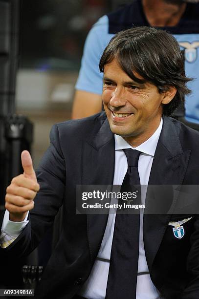 Lazio coach Simone Inzaghi looks on before the Serie A match between AC Milan and SS Lazio at Stadio Giuseppe Meazza on September 20, 2016 in Milan,...