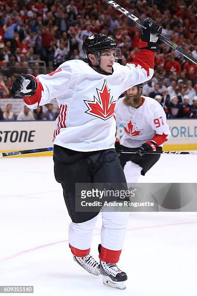 Matt Duchene of Team Canada celebrates after scoring a first period goal on Team USA during the World Cup of Hockey 2016 at Air Canada Centre on...