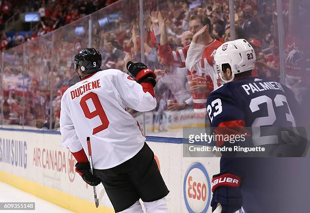 Matt Duchene of Team Canada celebrates after scoring a first period goal against Team USA during the World Cup of Hockey 2016 at Air Canada Centre on...