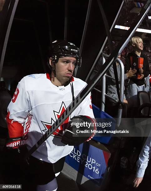 Logan Couture of Team Canada takes to the ice prior to the game against Team USA during the World Cup of Hockey 2016 at Air Canada Centre on...
