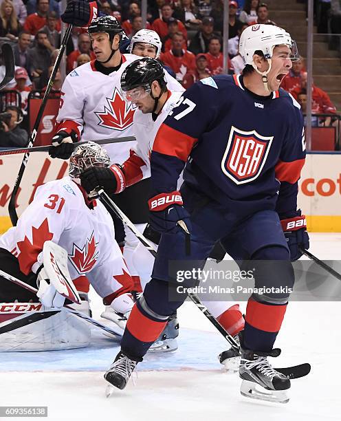 Ryan McDonagh of Team USA celebrates after scoring a first period goal on Carey Price of Team Canada during the World Cup of Hockey 2016 at Air...