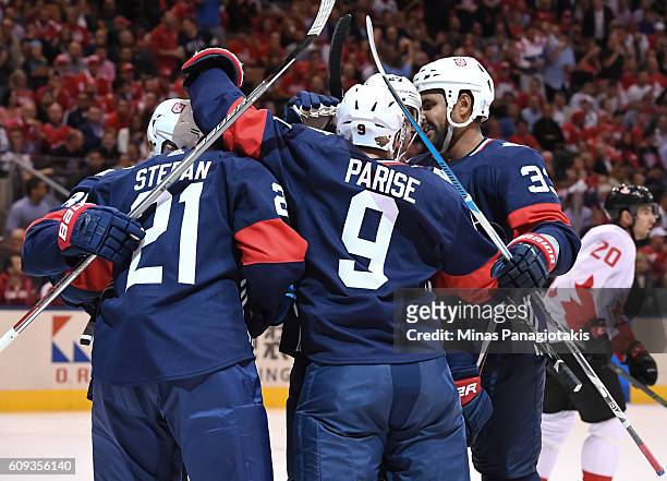 Team USA celebrates after scoring a first period goal on Team Canada during the World Cup of Hockey 2016 at Air Canada Centre on September 20, 2016...