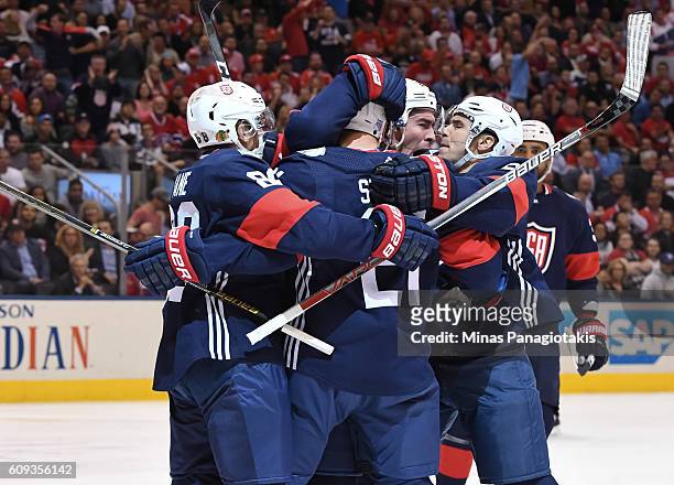 Team USA celebrates after scoring a first period goal on Team Canada during the World Cup of Hockey 2016 at Air Canada Centre on September 20, 2016...