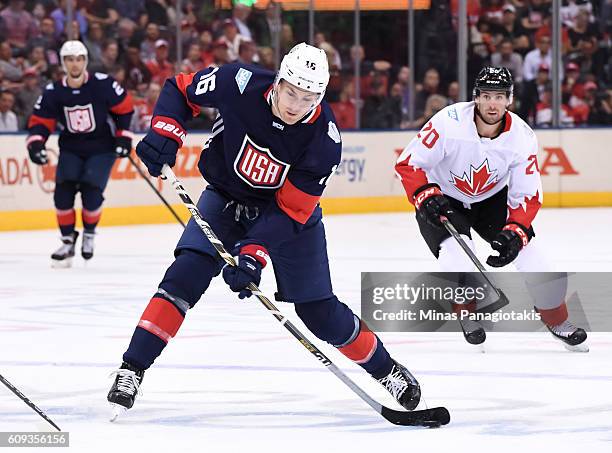 James Van Riemsdyk of Team USA fires a slapshot against Team Canada during the World Cup of Hockey 2016 at Air Canada Centre on September 20, 2016 in...