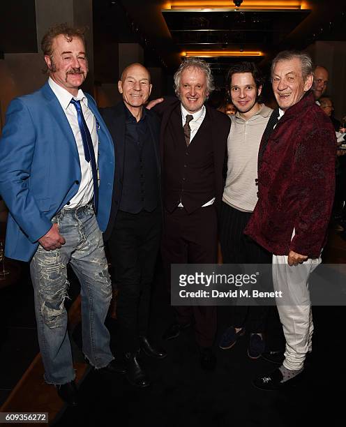 Owen Teale, Patrick Stewart, Sean Mathias, Damien Moloney and Ian McKellen attend the press night after party for "No Man's Land" at St Martins Lane...