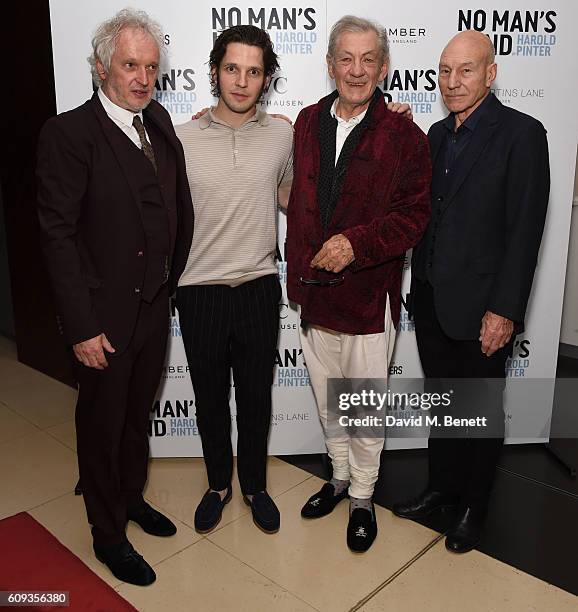 Sean Mathias, Damien Moloney, Ian McKellen and Patrick Stewart attend the press night after party for "No Man's Land" at St Martins Lane on September...